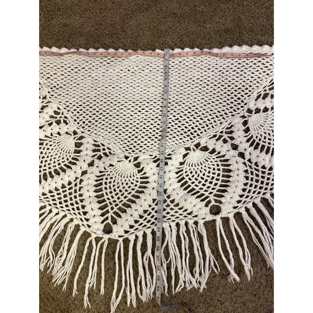 Vintage Pineapple Crochet Shawl Fringe Wrap Ivory Boho Festival One Size - Picture 6 of 16